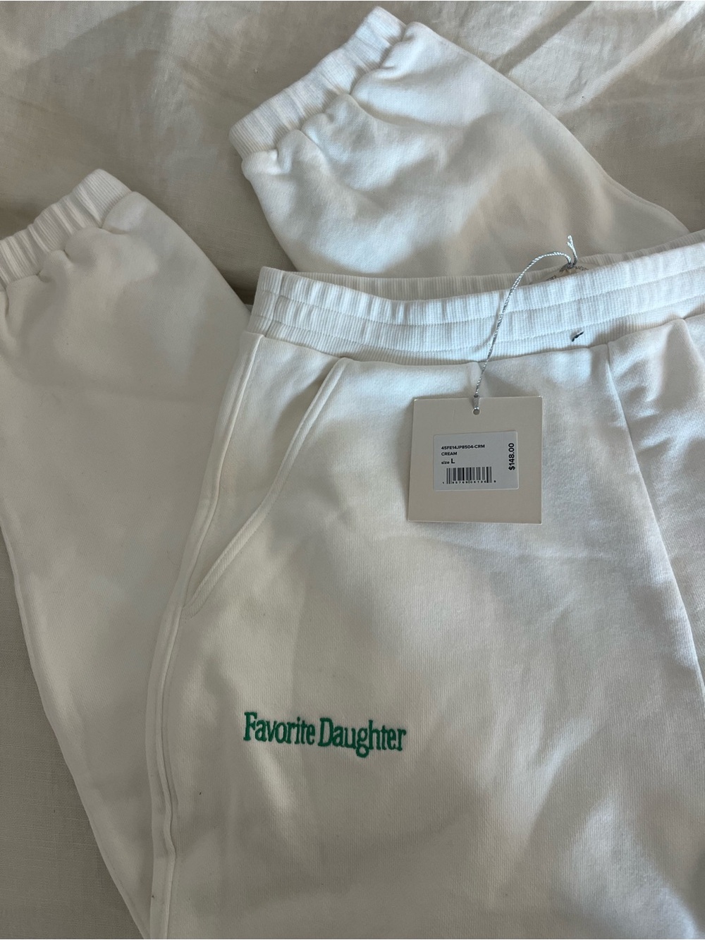 Favorite Daughter White Sweatpants with Green Logo Embroidery